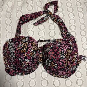 Adore Me Floral Print Halter Bikini Top - Black and Pink